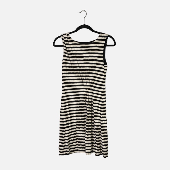 LOFT Dresses & Skirts - LOFT Black Cream Striped Sleeveless Dress Cinch Waist Wedding Guest Size Small